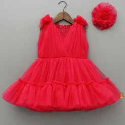 Sale Enchanting Crimson Red Gathered Dress With Hair Clip Dresses & Sets | Dresses