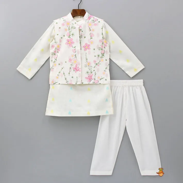 Sale Ethnic Ivory Kurta And Pyjama With Floral Printed Jacket BOY Indian Ethnic Wear | Ethnic Sets