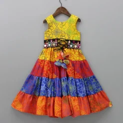 Sale Ethnic Multicolour Bandhani Printed Tiered Kurti With Waist Bag Twinning Sets | Ethnic Wear