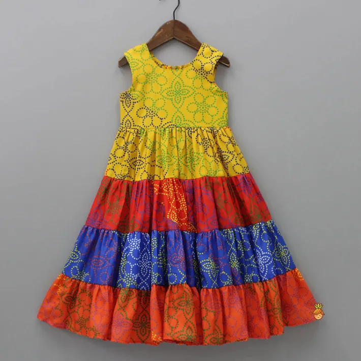 Sale Ethnic Multicolour Bandhani Printed Tiered Kurti With Waist Bag Twinning Sets | Ethnic Wear