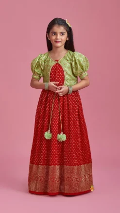 Clearance Ethnic Pleated Georgette Red Dress With Puffed Sleeves Jacket Ethnic Wear | Kurtis & Jumpsuits