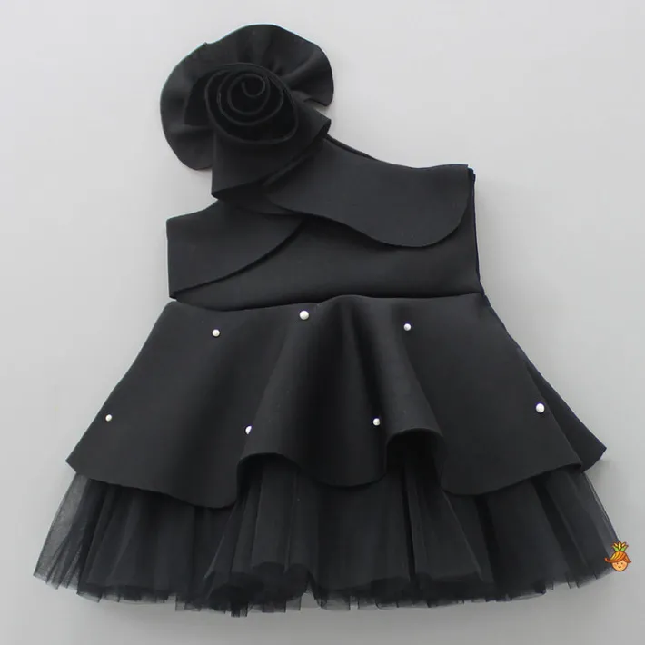 Sale Exquisite Pearls And Rose Embellished Frilly Black Scuba Dress Dresses & Sets | Dresses