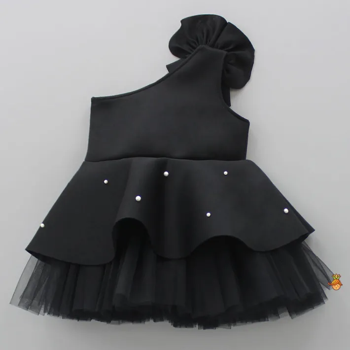 Sale Exquisite Pearls And Rose Embellished Frilly Black Scuba Dress Dresses & Sets | Dresses
