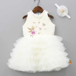 New Fairy Embroidered Yoke Off White Multi Layered Dress With Head Band Dresses & Sets | Dresses