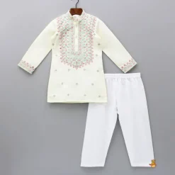 Fashion Faux Mirror Work And Thread Embroidered Kurta With Pyjama BOY Indian Ethnic Wear | Ethnic Sets