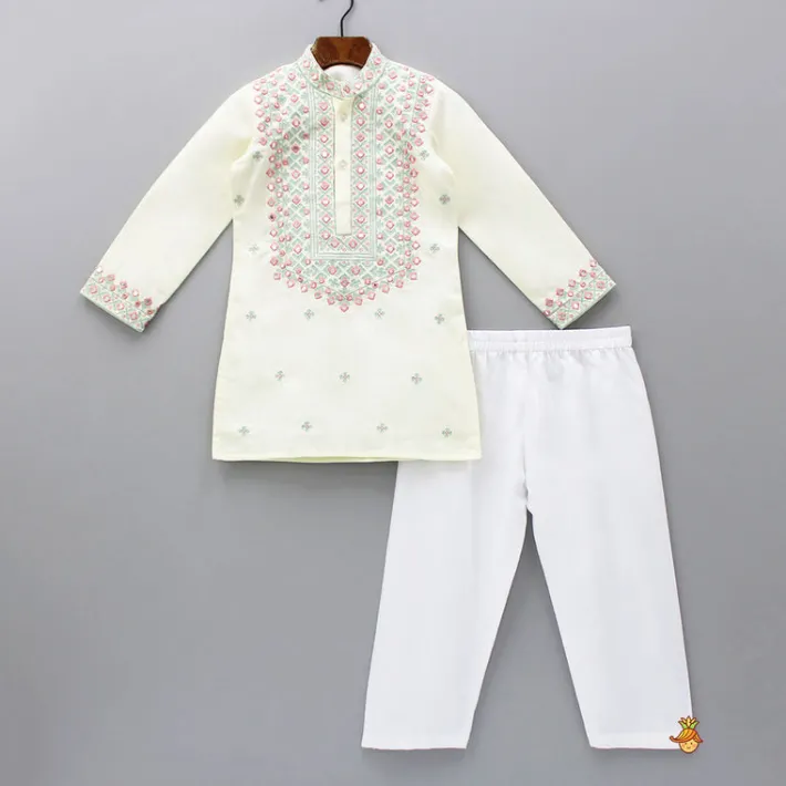 Fashion Faux Mirror Work And Thread Embroidered Kurta With Pyjama BOY Indian Ethnic Wear | Ethnic Sets