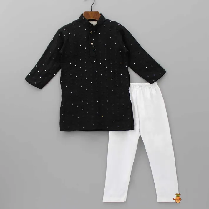 Fashion Faux Mirror Work Black Mandarin Collar Kurta And Pyjama BOY Indian Ethnic Wear | Ethnic Sets