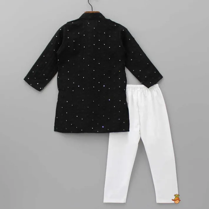 Fashion Faux Mirror Work Black Mandarin Collar Kurta And Pyjama BOY Indian Ethnic Wear | Ethnic Sets