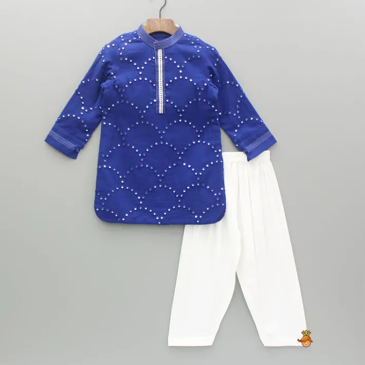 Hot Faux Mirror Work Blue Curved Hem Kurta And Salwar BOY Indian Ethnic Wear | Ethnic Sets