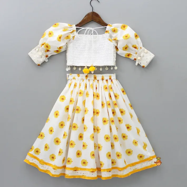Best Faux Mirror Work Cuffed Sleeves Top And Fluorescent Tassels Enhanced Lehenga With Hair Band Ethnic Wear | Lehengas & Ghagras