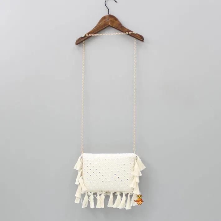 Online Faux Mirror Work Georgette Off White Sling Bag Bags