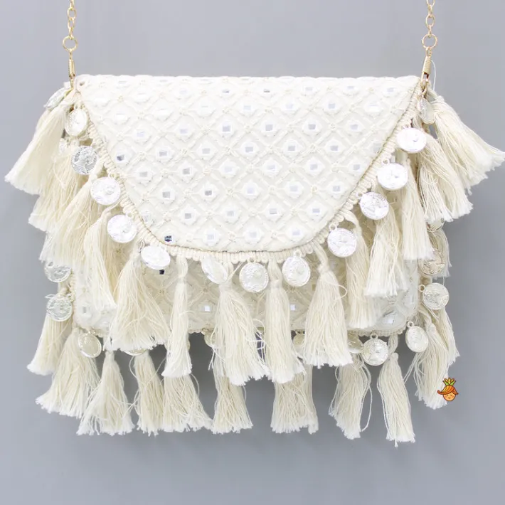 Online Faux Mirror Work Georgette Off White Sling Bag Bags