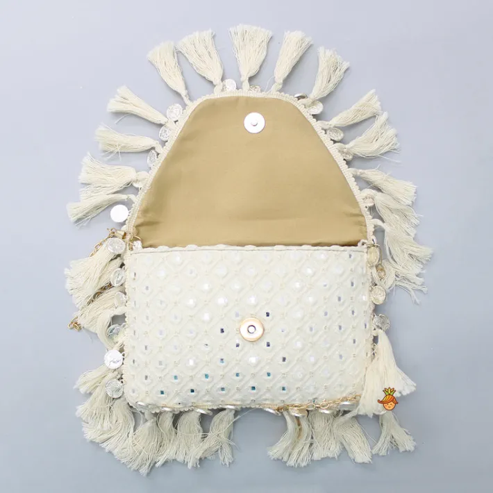 Online Faux Mirror Work Georgette Off White Sling Bag Bags