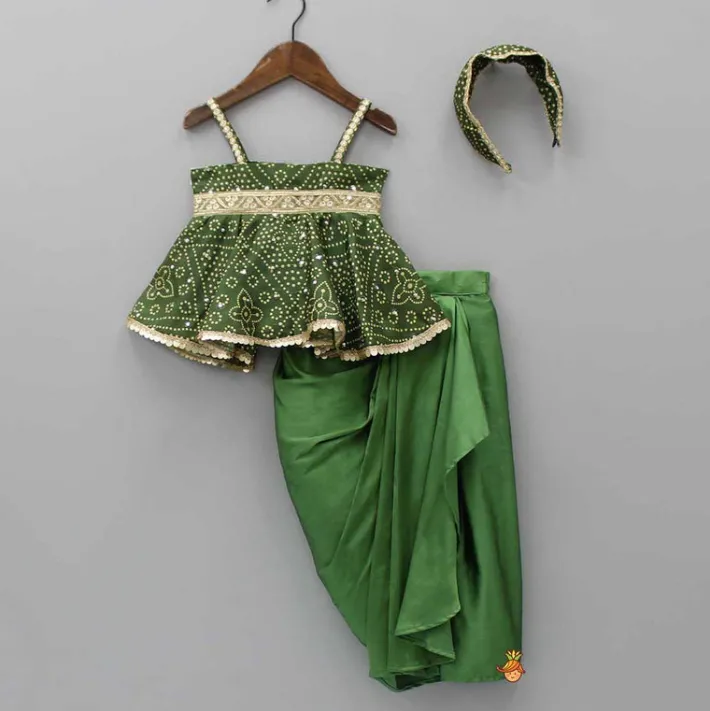 Sale Faux Mirror Work Green Top And Stylish Dhoti Skirt With Matching Hair Band Ethnic Wear | Dhotis & Patialas