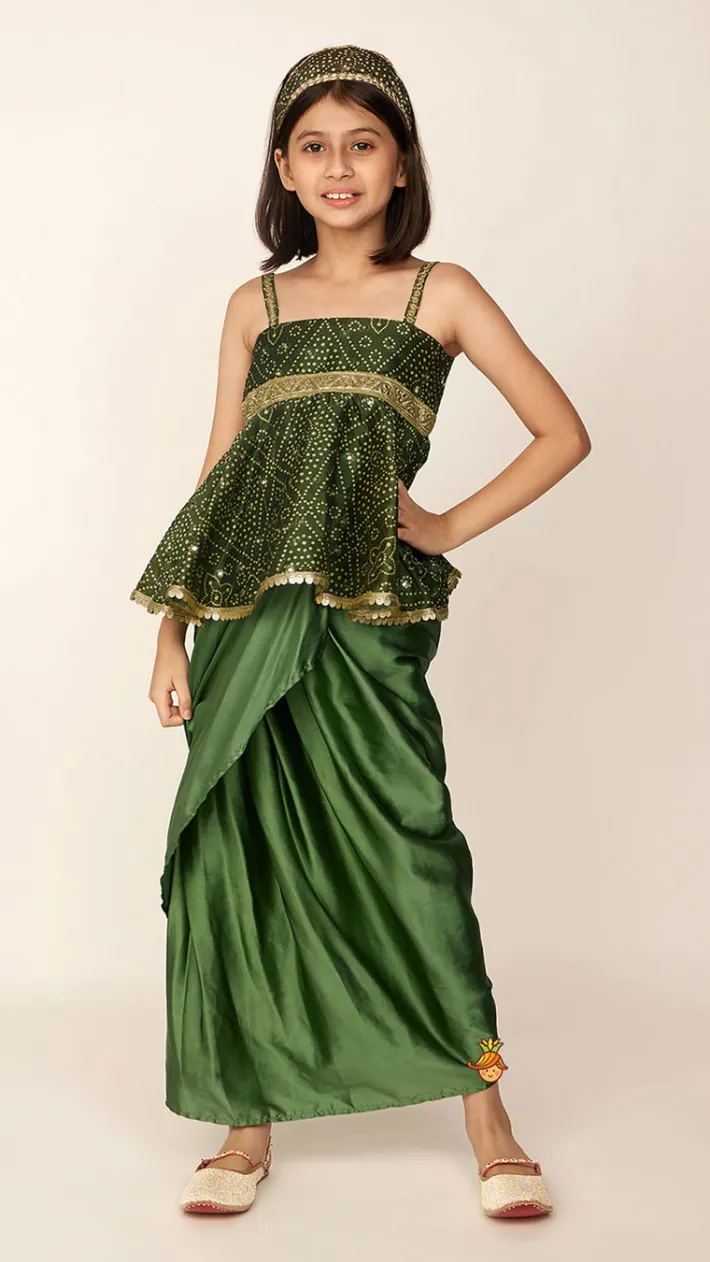 Sale Faux Mirror Work Green Top And Stylish Dhoti Skirt With Matching Hair Band Ethnic Wear | Dhotis & Patialas