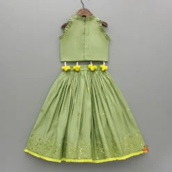 Hot Faux Mirror Work Green Top And Lehenga With Net Dupatta Ethnic Wear | Lehengas & Ghagras
