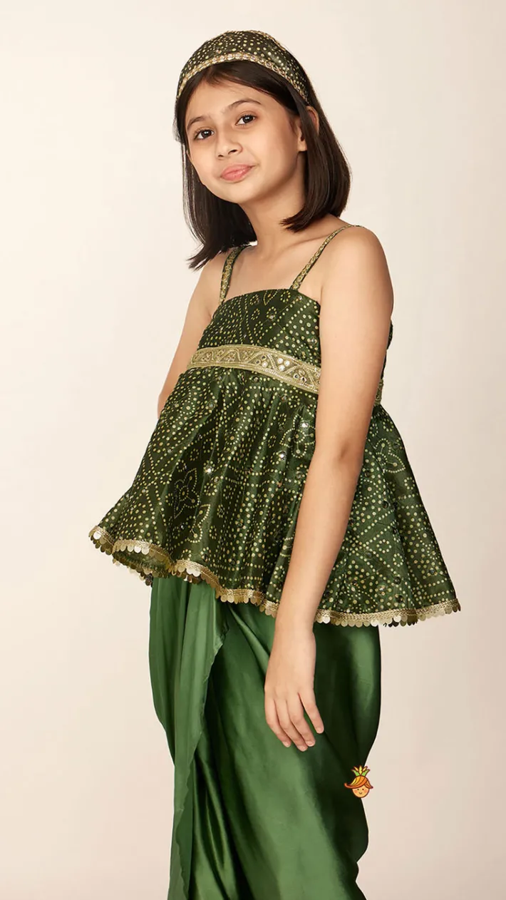 Sale Faux Mirror Work Green Top And Stylish Dhoti Skirt With Matching Hair Band Ethnic Wear | Dhotis & Patialas