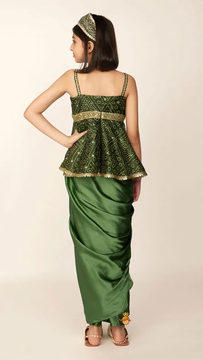 Sale Faux Mirror Work Green Top And Stylish Dhoti Skirt With Matching Hair Band Ethnic Wear | Dhotis & Patialas