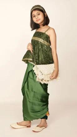 Online Faux Mirror Work Mehendi Green Top And Stylish Dhoti Skirt With Matching Hair Band Ethnic Wear | Dhotis & Patialas