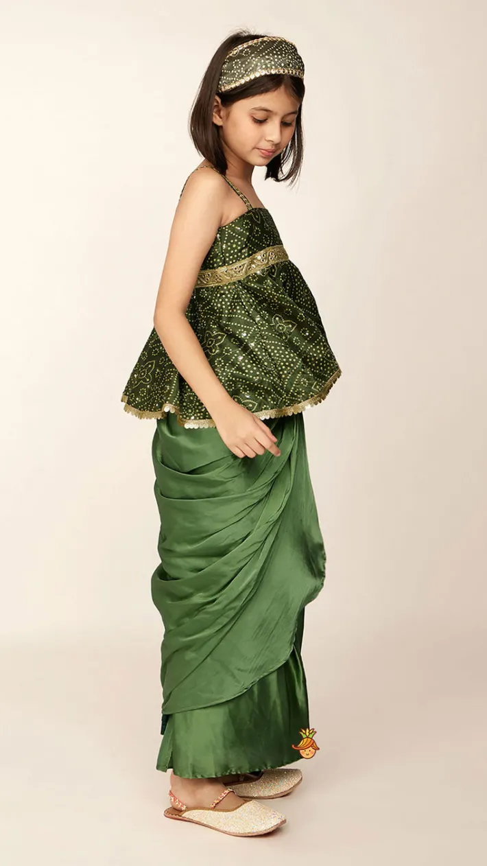 Online Faux Mirror Work Mehendi Green Top And Stylish Dhoti Skirt With Matching Hair Band Ethnic Wear | Dhotis & Patialas