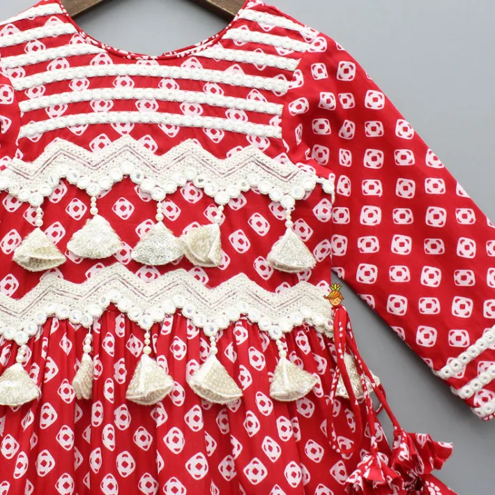 Fashion Faux Mirror Work Multi Printed Red Kurti Ethnic Wear | Kurtis & Jumpsuits