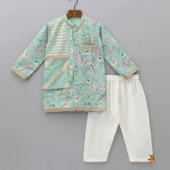 Hot Flap Green Ethnic Kurta And Off White Pyjama BOY Indian Ethnic Wear | Ethnic Sets