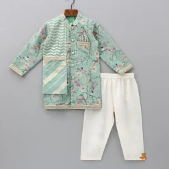 New Flap Green Ethnic Kurta And Off White Pyjama BOY Indian Ethnic Wear | Ethnic Sets