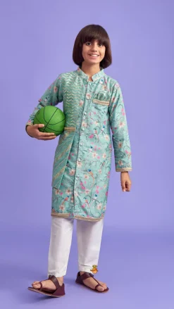New Flap Green Ethnic Kurta And Off White Pyjama BOY Indian Ethnic Wear | Ethnic Sets
