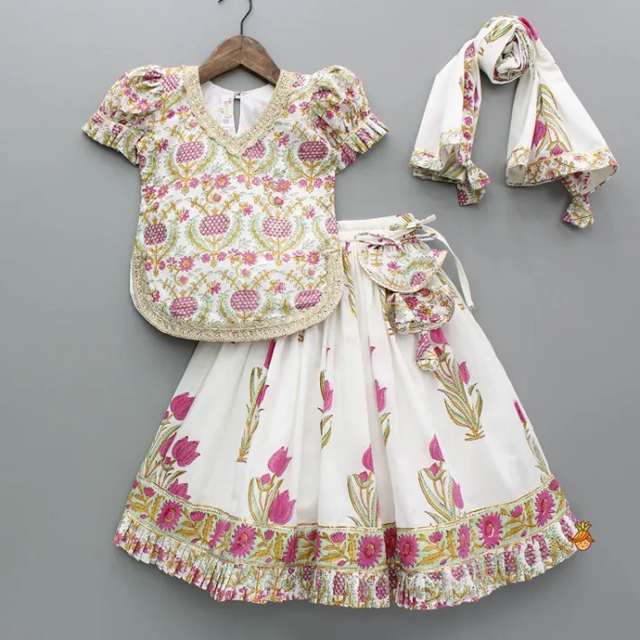 Outlet Floral Block Print Top With Lehenga And Dupatta Ethnic Wear | Lehengas & Ghagras