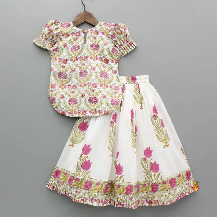 Outlet Floral Block Print Top With Lehenga And Dupatta Ethnic Wear | Lehengas & Ghagras