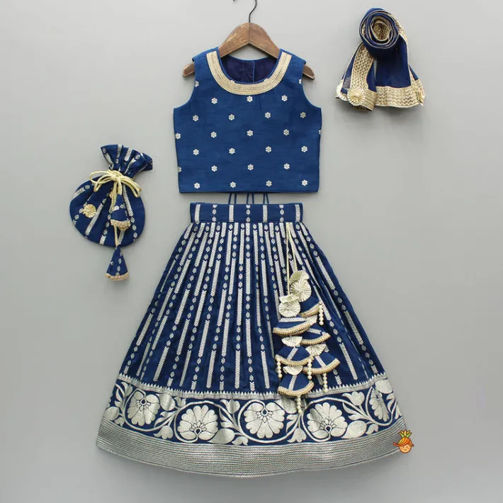 Fashion Floral Embroidered Blue Top And Lehenga With Matching Net Dupatta And Potli Bag Ethnic Wear | Lehengas & Ghagras