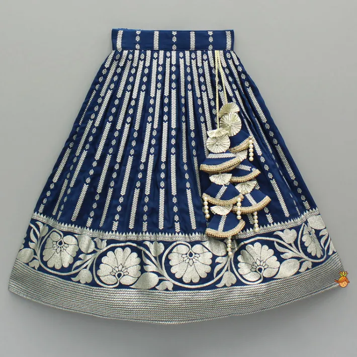 Fashion Floral Embroidered Blue Top And Lehenga With Matching Net Dupatta And Potli Bag Ethnic Wear | Lehengas & Ghagras