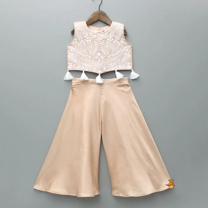 Best Floral Embroidered Fringed Hem Top And Flared Palazzo Ethnic Wear | Palazzos & Shararas