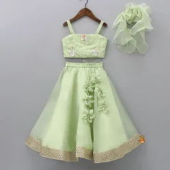 Sale Floral Embroidered Green Sleeveless Top And Fabric Flower Tassels Adorned Lehenga With Ruffle Dupatta Ethnic Wear | Lehengas & Ghagras