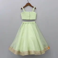 Sale Floral Embroidered Green Sleeveless Top And Fabric Flower Tassels Adorned Lehenga With Ruffle Dupatta Ethnic Wear | Lehengas & Ghagras