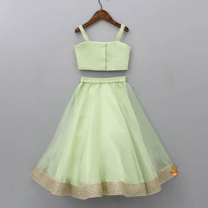 Sale Floral Embroidered Green Sleeveless Top And Fabric Flower Tassels Adorned Lehenga With Ruffle Dupatta Ethnic Wear | Lehengas & Ghagras