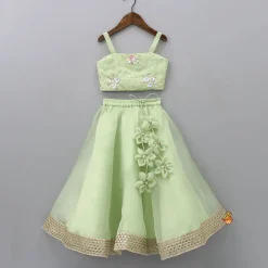 Sale Floral Embroidered Green Sleeveless Top And Fabric Flower Tassels Adorned Lehenga With Ruffle Dupatta Ethnic Wear | Lehengas & Ghagras
