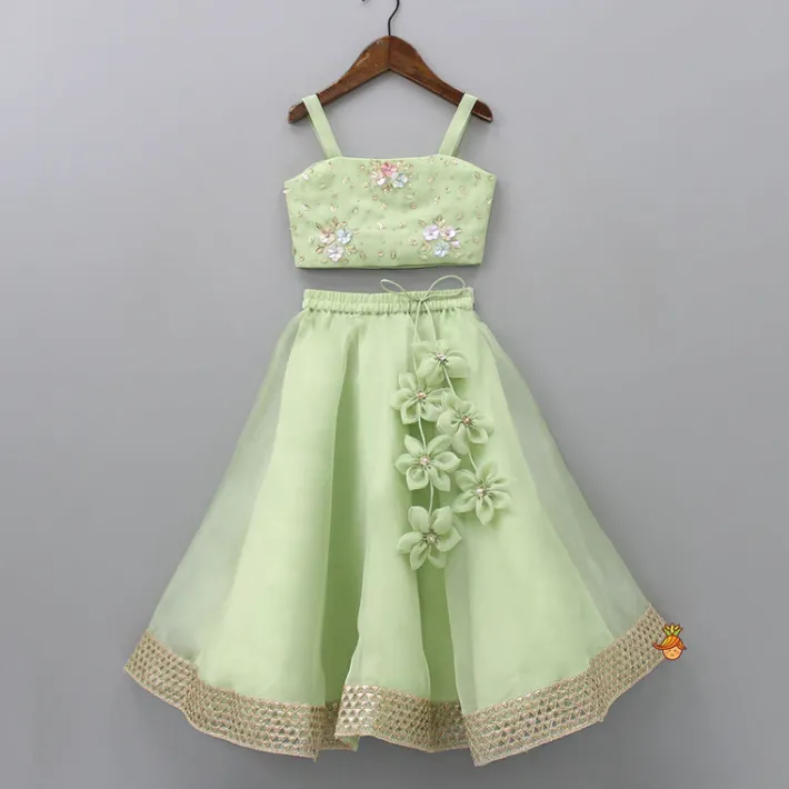 Sale Floral Embroidered Green Sleeveless Top And Fabric Flower Tassels Adorned Lehenga With Ruffle Dupatta Ethnic Wear | Lehengas & Ghagras