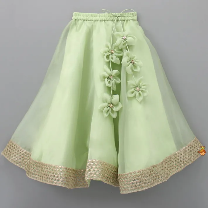Sale Floral Embroidered Green Sleeveless Top And Fabric Flower Tassels Adorned Lehenga With Ruffle Dupatta Ethnic Wear | Lehengas & Ghagras