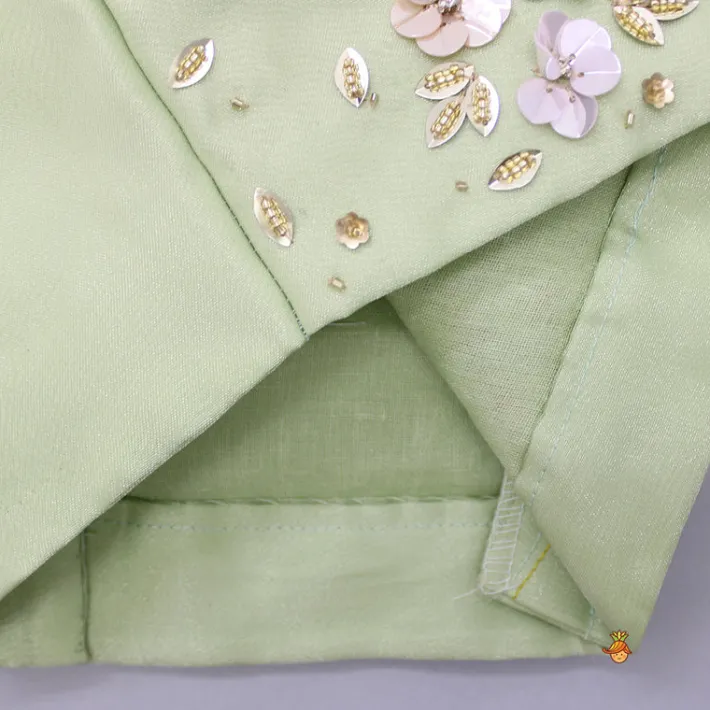 Sale Floral Embroidered Green Sleeveless Top And Fabric Flower Tassels Adorned Lehenga With Ruffle Dupatta Ethnic Wear | Lehengas & Ghagras