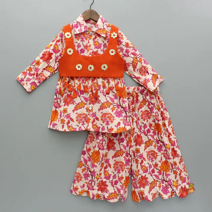 Clearance Floral Multicolour Printed Shirt Style Kurti With Jacket And Palazzo Ethnic Wear | Palazzos & Shararas
