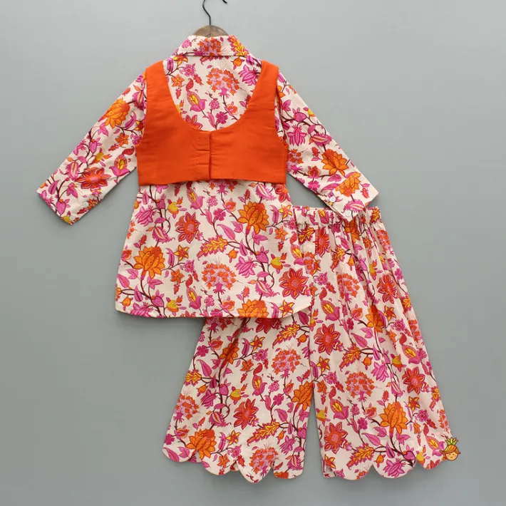 Clearance Floral Multicolour Printed Shirt Style Kurti With Jacket And Palazzo Ethnic Wear | Palazzos & Shararas