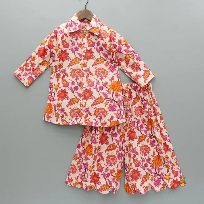 Clearance Floral Multicolour Printed Shirt Style Kurti With Jacket And Palazzo Ethnic Wear | Palazzos & Shararas