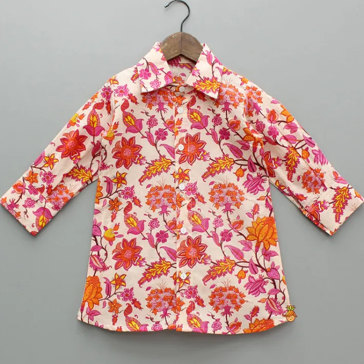 Clearance Floral Multicolour Printed Shirt Style Kurti With Jacket And Palazzo Ethnic Wear | Palazzos & Shararas