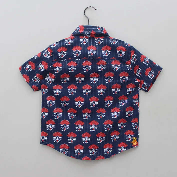 Best Floral Printed And Lurex Striped Navy Blue Shirt BOY Shirts & Tees