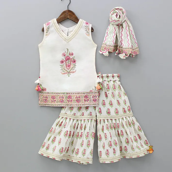 Online Floral Printed Bead Work Kurti With Sharara And Chevron Printed Dupatta Ethnic Wear | Palazzos & Shararas