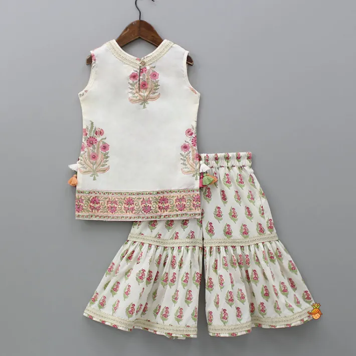 Online Floral Printed Bead Work Kurti With Sharara And Chevron Printed Dupatta Ethnic Wear | Palazzos & Shararas
