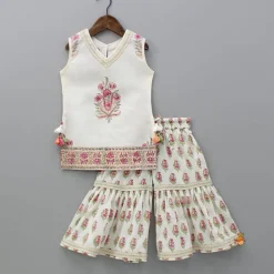 Online Floral Printed Bead Work Kurti With Sharara And Chevron Printed Dupatta Ethnic Wear | Palazzos & Shararas