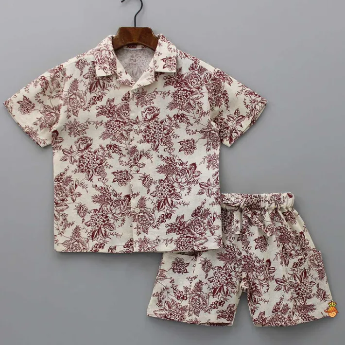 Clearance Floral Printed Beige Shirt And Shorts BOY Sets