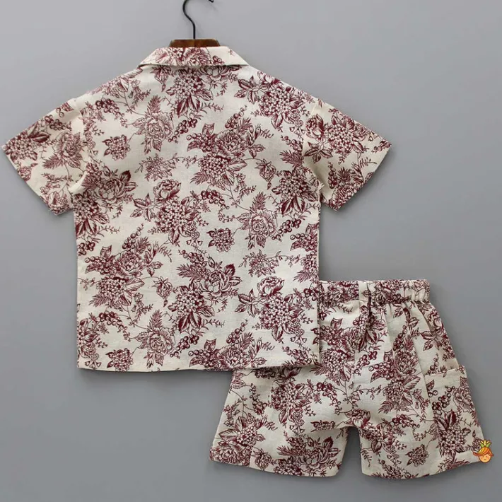 Clearance Floral Printed Beige Shirt And Shorts BOY Sets